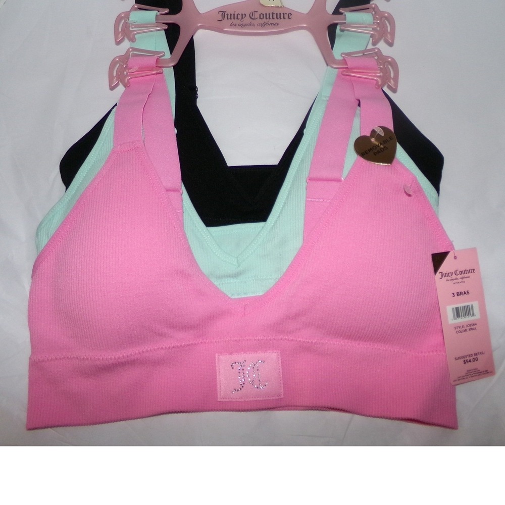 Juicy Couture 3 Pack SZ LRG Seamless Ribbed Bralettes Pink Mint Black NWT
